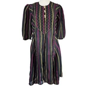 BLACK Semi Sheer Handmade Embroidered Pink & Yellow Striped Midi Dress Size L